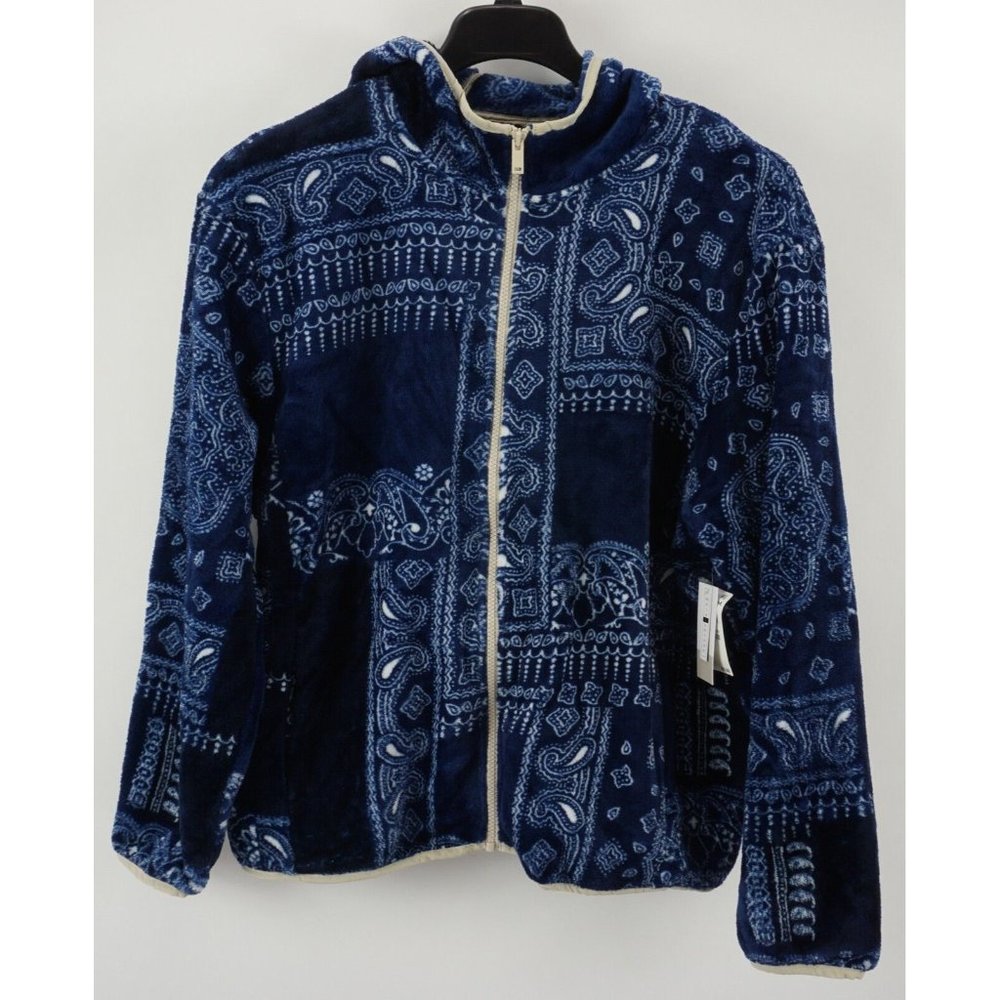 New BP. Women's L Faux Shearling Blue Paisley Patchwork Full Zip Jacket Hoodie